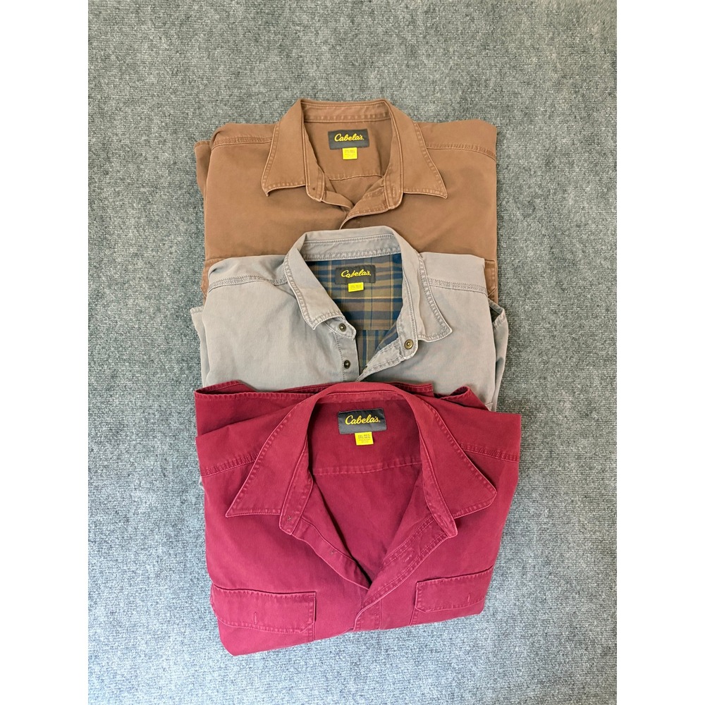 Cabelas Mens Size 2XL Canvas Work Shirts Brown Grey Burgundy Long SleeveLot of 3